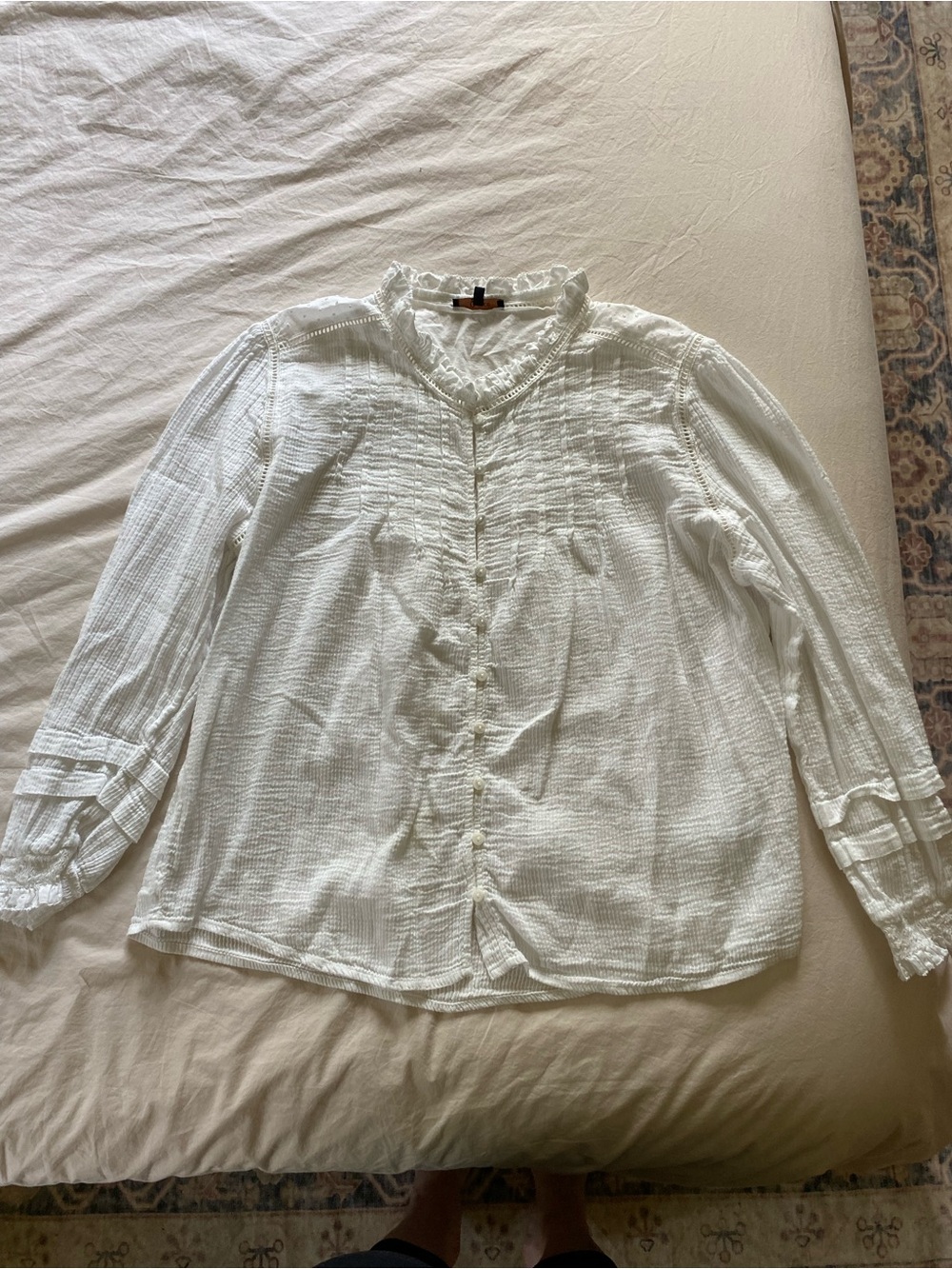 Quince White Textured Ruffle Button-Front Blouse